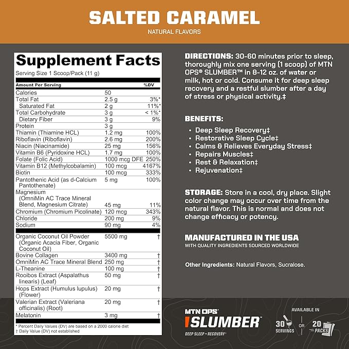 MTN OPS Slumber Sleep Aid for Muscle Recovery & Deep Sleep, Sleepy Salted Caramel Sleep Support Powder Drink Mix, 30 Servings