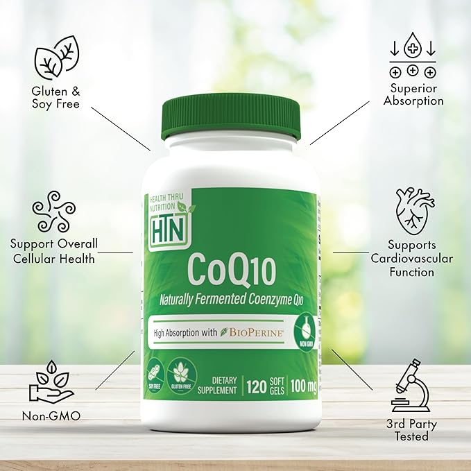 Health Thru Nutrition CoQ-10 100mg with BioPerine 120 Softgels | High Absorption Naturally Fermented USP Grade Coenzyme Q10 Supplement | 3rd Party Tested | Heart Health and Energy Support