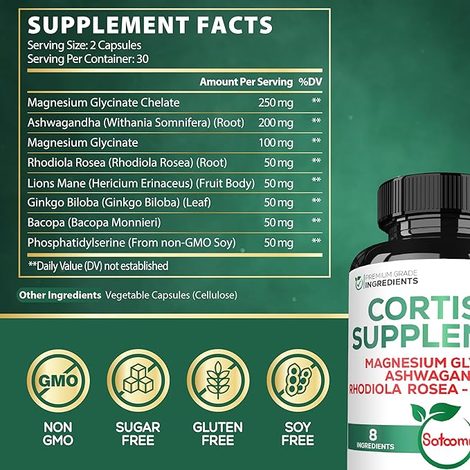 Satoomi 8in1 Cortisol Manager - Supplement with Magnesium Glycinate, Ashwagandha, Rhodiola Rosea, Lions Mane & More - Cortisol Reducer Men & Women - 60 Capsules