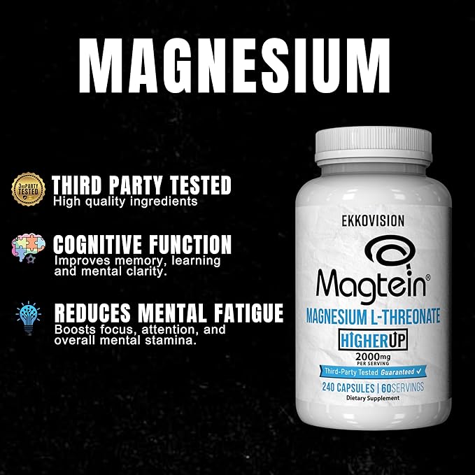 x Higher Up Magtein Magnesium L-Threonate, Memory & Cognitive Function Support, Magnesium Supplement with Essential Minerals for Men & Women, 2000 MG Per SVG, 240 Easy-to-Swallow Capsules