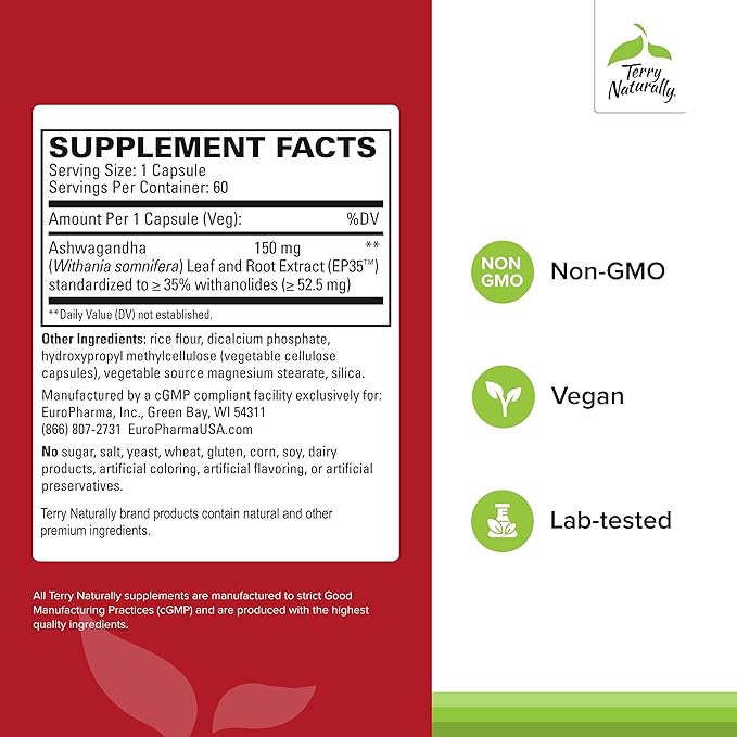 Terry Naturally Ashwagandha EP35 Extra Strength - Herbal Supplement for Sleep Support - Aid Healthy Stress Response - Endurance & Energy Support - 60 Capsules (60 Servings)