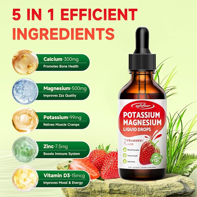 softbear 2 Pack Calcium Potassium Magnesium Liquid Drops, High Absorption Calcium Magnesium Potassium Supplement Support Bone & Muscle Health Liquid Magnesium Drops Strawberry Flavor 4 Fl Oz