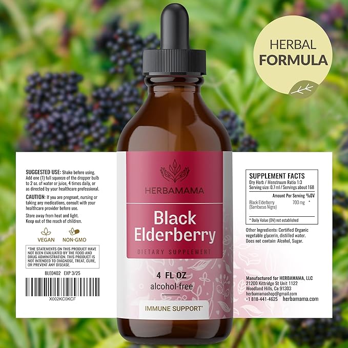 HERBAMAMA Black Elderberry Drops - Vegan Elderberry Liquid Extract for Immune Support - Non-GMO, Alcohol & Sugar-Free Immunity Supplement, 42-Day Supply