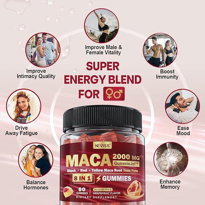 Sugar Free Maca Root Filled Gummies for Women Men | Organic Black, Red, Yellow Maca 2000mg Per Serving | with Ashwagandha | Vegan, Non-GMO & Gluten Free Supplement | Grapefruit Flavor, 60 Count