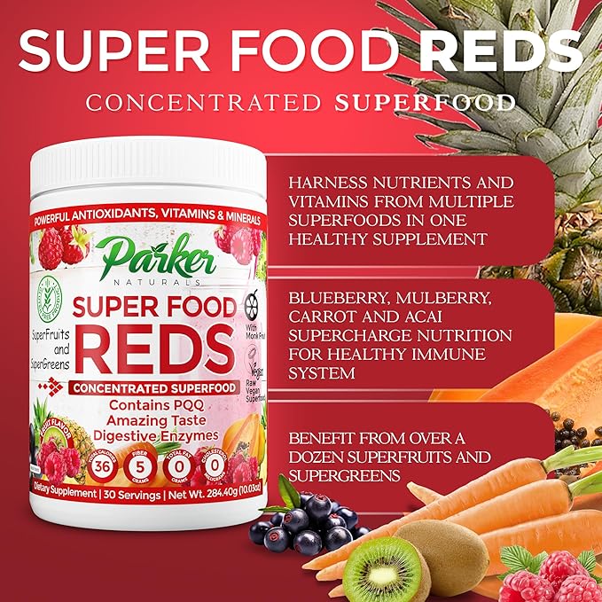 Superfood Reds Powder, Monk Fruit Flavored Organic Antioxidant, Concentrated Greens and Reds Superfood Powder, Vegan Berry, 30 Servings