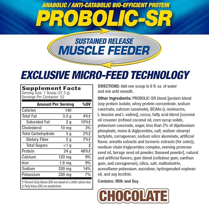 Maximum Human Performance Probolic-SR Sustained Release Protein Powder, 24g Protein, BCAAs, Glutamine, Arginine, Pre-Workout, Post-Workout, Nighttime Protein, 4lbs, 52 Servings, Chocolate