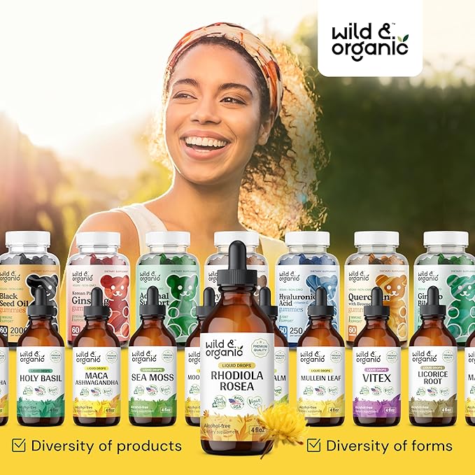 Wild & Organic Rhodiola Rosea Tincture - Rhodiola Rosea Supplement for Mood Support - Relaxing Root Extract Liquid Drops - Vegan, Sugar & Alcohol-Free - 4 fl oz