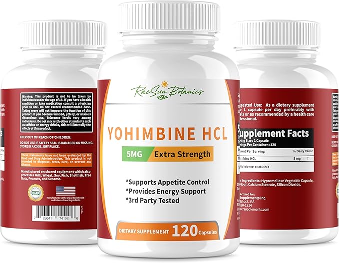 Yohimbine HCL Bark Extract Extra Strength Supplement 5mg x 120ct Capsules Premium Fat Burner, Weight Loss, Appetite Control, Male Support, Energy, and More