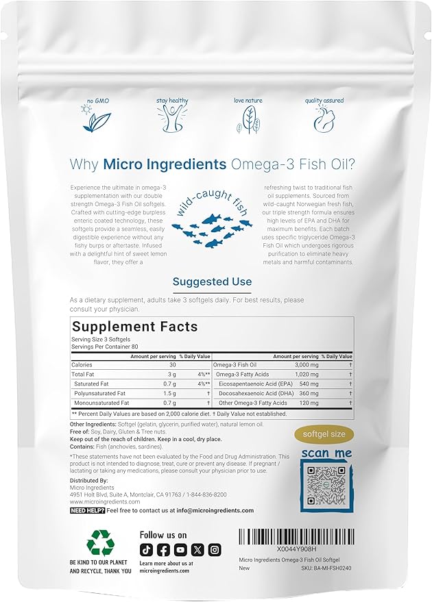 Micro Ingredients Omega 3 Fish Oil Supplements 3,000mg Per Serving, 240 Softgels | Lemon Flavored – Burpless | EPA 540mg + DHA 360mg | Heart & Brain Support | Deep Sea Fish
