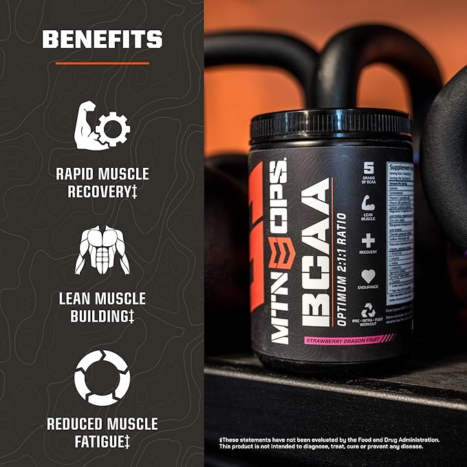MTN OPS BCAA 2:1:1 Amino Acids Supplement Powder for Rapid Muscle Recovery & Repair with Zero Sugar & Gluten Free, 30 Servings (Strawberry Dragonfruit Trail Packs)