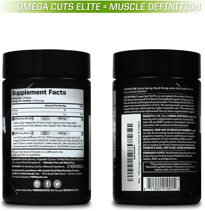 PMD Sports Omega Cuts Elite Fat Loss-Muscle Defining Formula - Omega Fatty Acids, MCT's and CLA for Muscle Definition and Maintenance - Keto Friendly for Women and Men - Stimulant Free (90 Softgels)