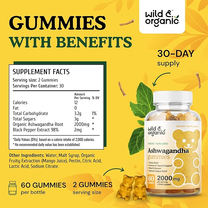 Wild & Organic Ashwagandha Gummies 2000mg - Mood Support Supplement w/Ashwagandha Root Extra Strength - Natural Calm Supplements Gummies - 60 Vegan, Non-GMO Chews