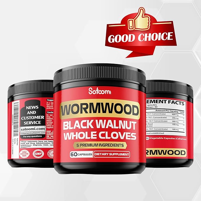 Satoomi 5 in 1 Wormwood Capsules Supplement - Extracted from Black Walnut, Whole Cloves, Turmeric and Berberine HCl - Immune System & Digestion Health - 60 Capsules