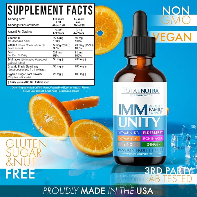 6-in-1 Liquid Multivitamin Supplement | 100% Daily Zinc, Vitamin D3 and Vitamin C Immunity Drops | Elderberry, Echinacea & Ginger Defense Support for Adults & Kids (Passion Fruit, 4oz-2pk)