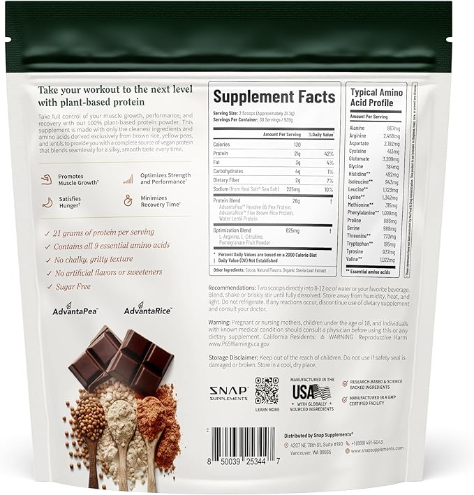 Snap Supplements Organic Plant Based Vegan Protein Powder Nitric Oxide Boosting Protein Powder, BCAA Amino Acid for Muscle Growth, Performance & Recovery - 30 Servings (Chocolate)