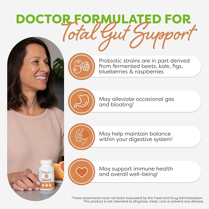 Probulin Total Care Probiotic Supplement, Daily Gut, Digestive, and Immune Health Probiotics Capsules for Men and Women, 20 Billion CFU, Vegan, 60 Count Bottle