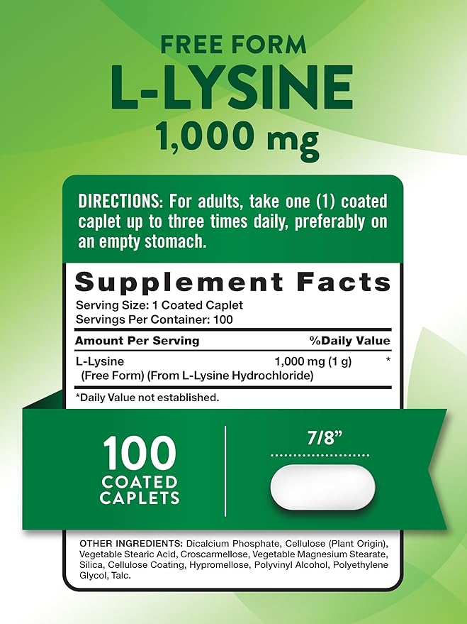 Nature's Truth L Lysine 1000mg | 100 Coated Caplets | Essential Amino Acid | Vegan, Non-GMO, & Gluten Free Supplement