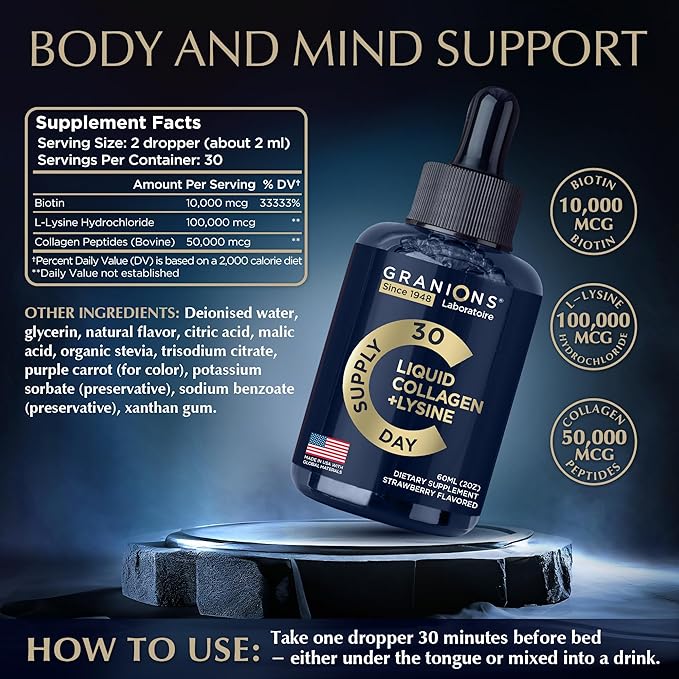 Liquid Collagen Peptides with Biotin and L-Lysine - Max Hair Skin and Nails Support for Women - 50,000mcg Collagen Liquid, 10,000mcg Biotin Lysine Drops - 2oz Strawberry Drink
