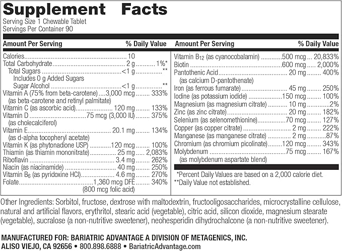 Bariatric Advantage Chewable Ultra Solo with Iron - Once-Per-Day Daily Multivitamin - for Patients - with Thiamin, Vitamin A & More - Gluten Free - Citrus - 90 Tablets