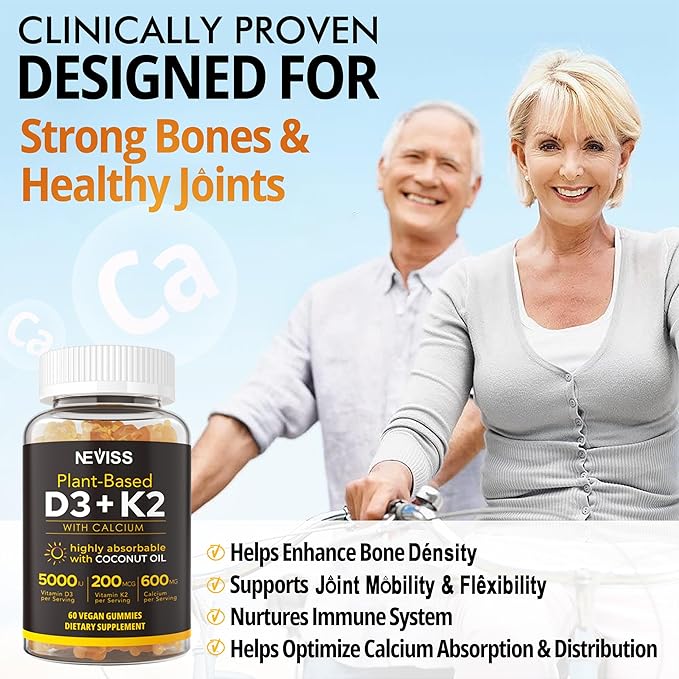 Vitamin D3 5000iu & K2( as MK7 ) 200mcg Gummies + 600mg Calcium, with Coconut Oil for High Absorption, Maximum Strength Vitamin D3 K2 Supplement - Support for Bones Muscle Teeth Immune, Vegan 2Packs