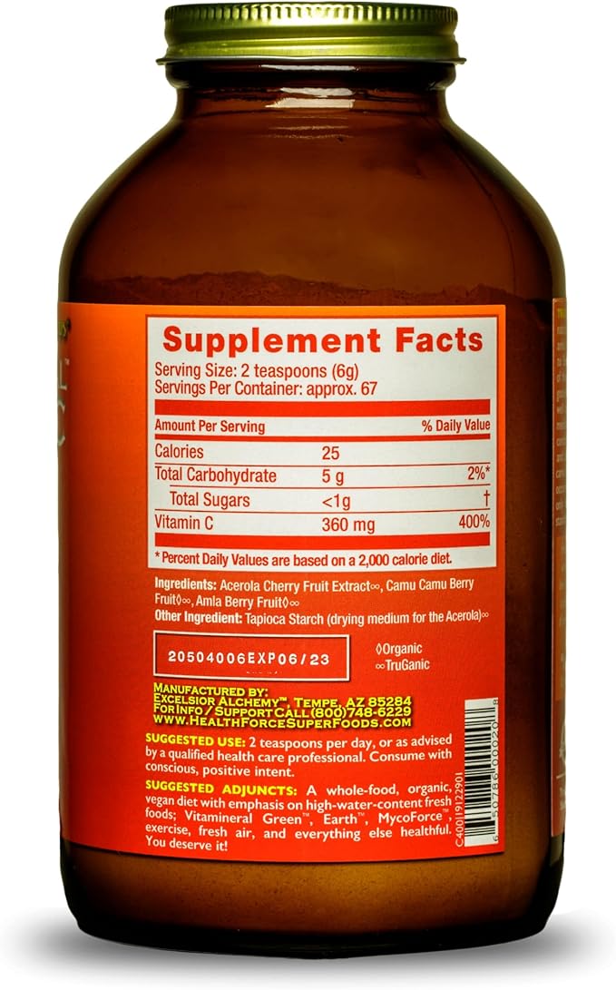HEALTHFORCE SUPERFOODS Truly Natural Vitamin C - Immune Support Supplement with Camu Camu Berry - Vitamin C Supplement for Immune Health - Vegan, Non-GMO - 400 Grams, 67 Servings