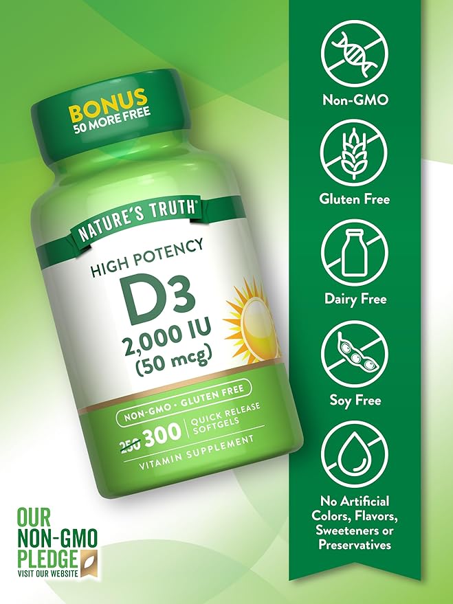 Nature's Truth Vitamin D3 2000 IU | 300 Softgels | High Potency Formula | Non-GMO & Gluten Free Supplement