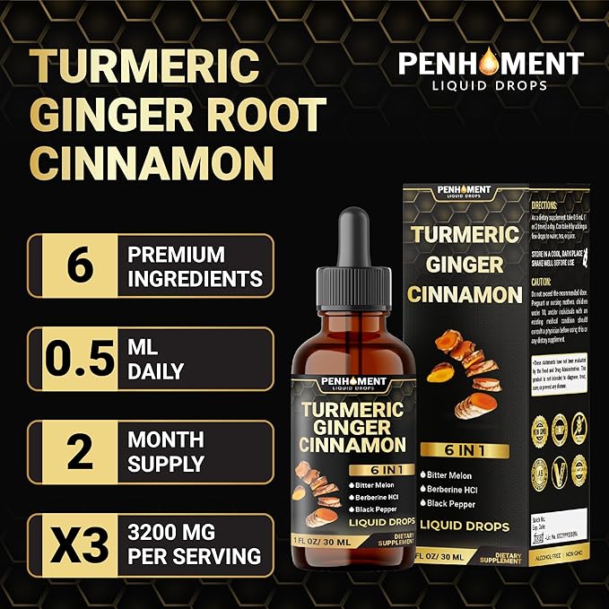 6in1 Liquid Turmeric Ceylon Cinnamon Berberine Ginger Bitter Melon & Black Pepper – Turmeric Supplement Drops for Digestive Health & Mobility – 1 FL OZ – 60 Servings