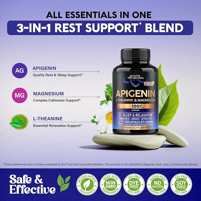 Apigenin 100mg - Apigenin Supplement for Sleep Support with L-Theanine & Magnesium - Sleep, Stress Relief & Relaxation Support for Adults - Naturally Derived from Chamomile - 120 Vegan Capsules
