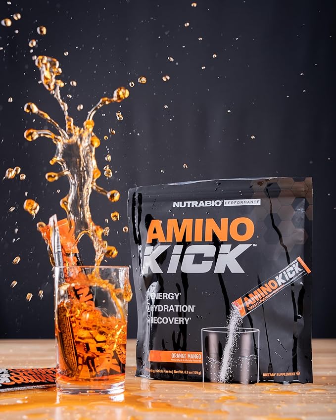 NutraBio – Amino Kick – All in One Performance Formula Energy, Hydration, Recovery 20 Servings, (Orange Mango) – 6g Amino Acids – Support Muscle Building