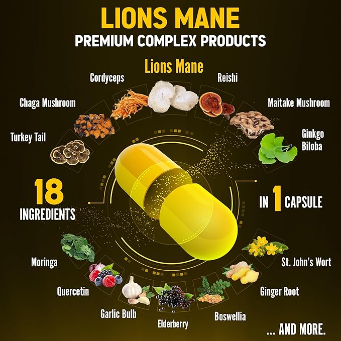 Zolotus Lions Mane Mushroom Capsules with Cordeyceps, Elderberry, Ginkgo Biloba, Bacopa - 60 Capsules
