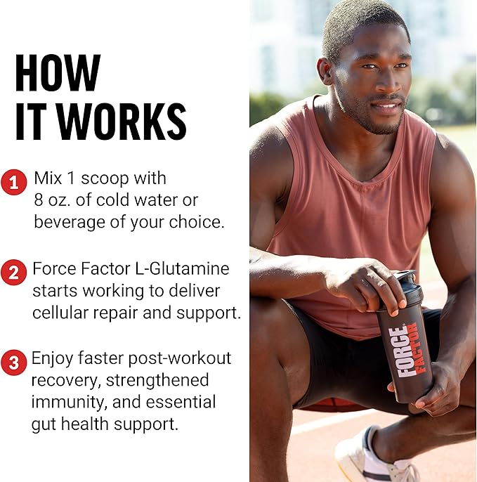 FORCE FACTOR L-Glutamine Powder for Post Workout Recovery, Muscle Recovery, Healthy Muscle Function, and Immunity, 5000mg/5g Glutamine Supplement, Vegan, Non-GMO, 60 Servings