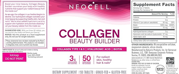 NeoCell Collagen Beauty Builder With Hyaluronic Acid and Biotin, Skin, Hair and Nails Supplement, Includes Antioxidants, Tablet, 150 Count, 1 Bottle