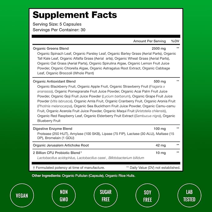 NutraChamps Organic Super Greens Capsules - Alfalfa, Spirulina, Chlorella & More - Antioxidant, Digestive Enzyme & Probiotic Blends - 150 Green Superfood Capsules