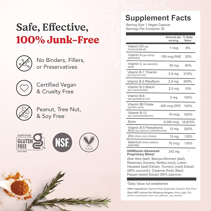 HAIRtamin Advanced Formula Hair Vitamins for Women & Men | Vegan 5000 Mcg Biotin Capsules Vitamin Supplement | Hair Skin and Nail Capsule Supplement to Promote Hair Growth & Thickness | 30 Count