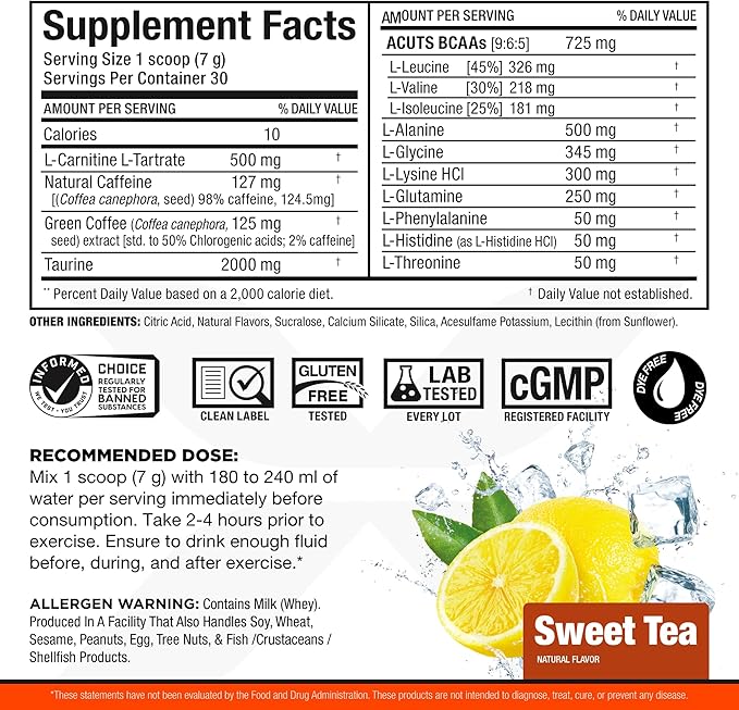 ALLMAX Nutrition AMINOCUTS (ACUTS), Amino-Charged Energy Drink with Taurine, L-Carnitine, Green Coffee Bean Extract, Sweet Tea, 30 Servings
