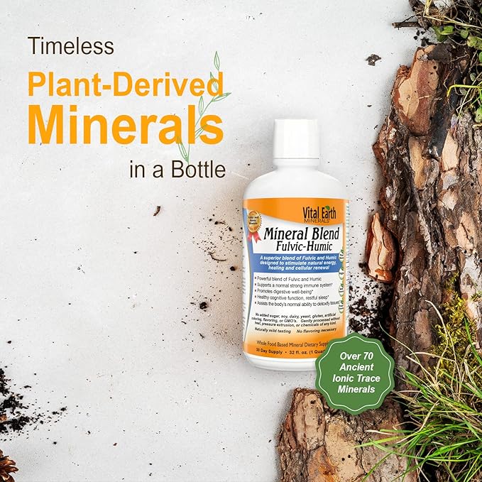 Vital Earth Minerals Fulvic Humic Mineral Blend Liquid – Fulvic Acid Supplement with 70+ Trace Minerals, Electrolytes for Recovery, Balance & Energy, 32 Oz + 1 Oz Cup