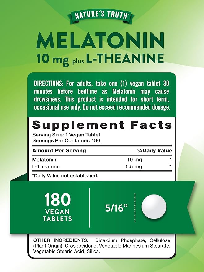 Nature's Truth Melatonin Tablets | 10mg | 180 Count | with L-Theanine | 100% Drug Free Supplement for Adults | Vegan, Non-GMO & Gluten Free Supplement