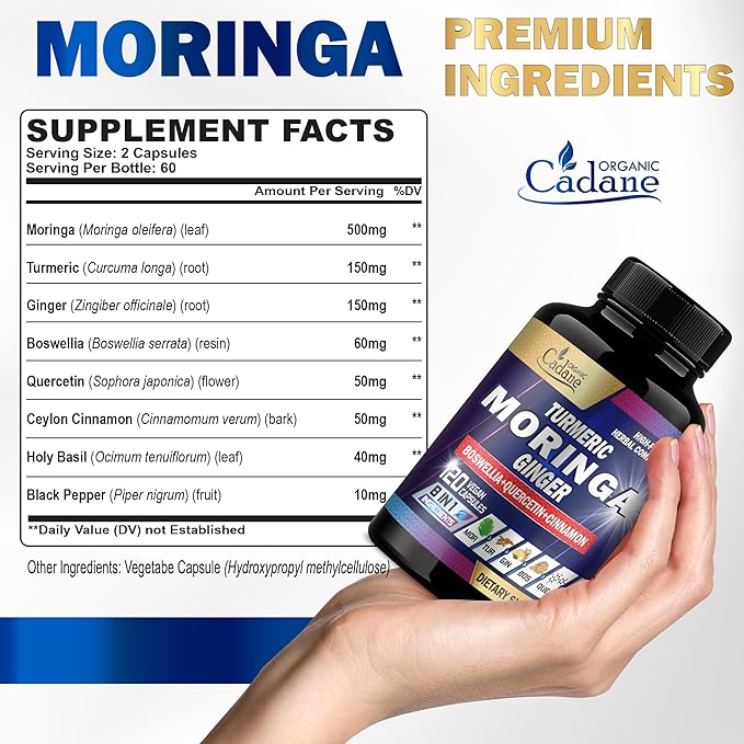 Organic Cadane Moringa Capsules with Turmeric, Boswellia, Quercetin, Ceylon Cinnamon, Holy Basil, Ginger, and Black Pepper - 8in1 Supplements - 120 Veggie Caps for 2 Months Supply