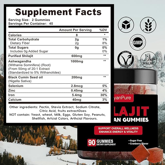 Pure Himalayan Shilajit Gummies IAshwagnadha, Black Seed Oil I Fulvic Acid & 85+ Trace Minerals I No Added Sugar I Improve Congitive & Mood, Immunity and Energy for Men,Women I 90 Gummy