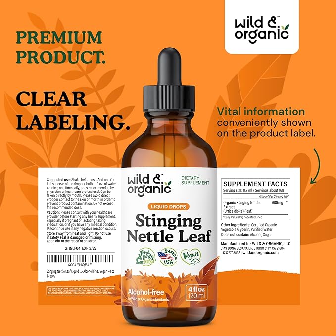 Wild & Organic Stinging Nettle Leaf Tincture - Urinary Tract Support - Stinging Nettle Extract Liquid Drops - Urtica Dioica Supplement - 5-Month Supply - Vegan, Sugar & Alcohol-Free - 4 fl oz