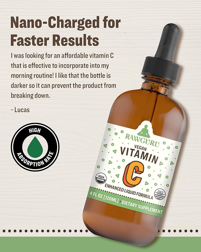 RawGuru Organic Vitamin C Tincture - Liquid Vitamin C with Trace Minerals - Nano-Processed Antioxidant & Immune Support Supplement Tincture - 30 Servings of Vegan Drops per 120 ml, Pack of 1