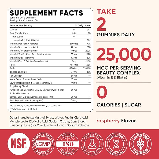 Venture Pal Biotin Gummies with Collagen & Keratin - Hair Growth Support Skin and Nail Strength Vitamins for Women & Men - Biotin 10000mcg | B-Complex | Saw Palmetto - Sugar Free, Non-GMO, 60ct