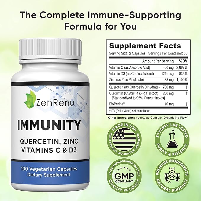 Zenrenu Immunity Quercetin 700 mg Zinc Vitamin C Vitamin D Immune Support Supplement with Curcumin - Easy to Absorb Immunity Supplement, 100 Vegetarian Capsules 50 Day Supply