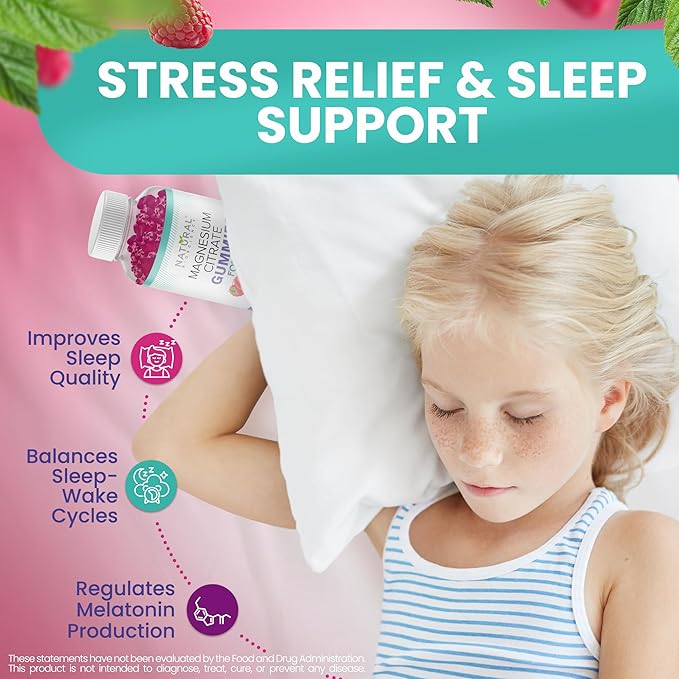 Sugar Free Magnesium Gummies for Kids 100mg - Calm & Sleep Support Chewable Magnesium Supplement, Sleep Aid, Anti-Stress, Bone Health, Muscle Relaxation, 30 Vegan Non-GMO Gluten-Free Raspberry Gummies