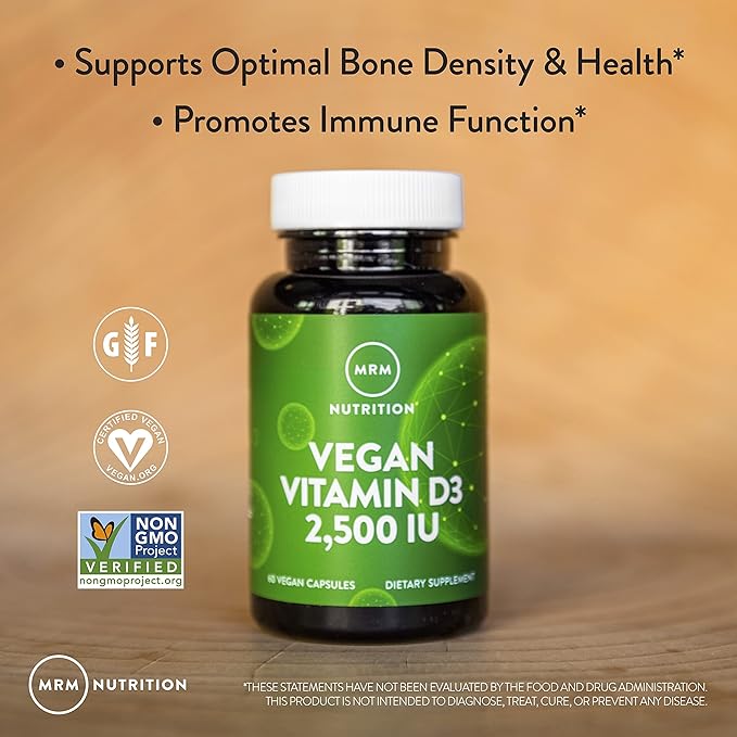 MRM Nuturition Vegan Vitamin D3 2,500 IU | Bone + Immune Health | Made from lichens | Supports Calcium Absorption | Vegan + Vegetarian Friendly | 60 Servings