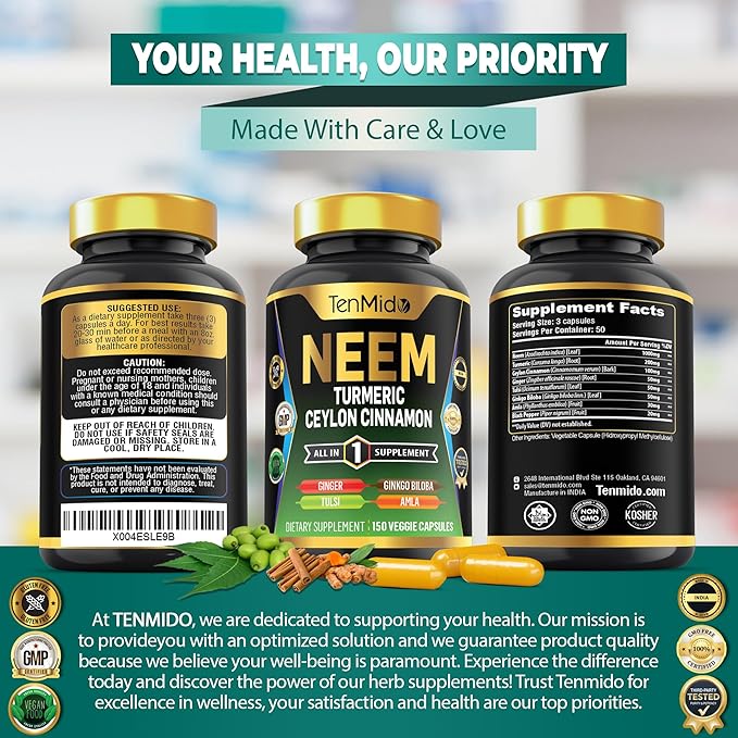 Neem Leaf Supplement - 8in1 Formula - Combine with Turmeric, Ceylon Cinnamon, Ginger, Tulsi, Ginkgo Biloba, Amla, and Black Pepper - Immune Health Support - 150 Vegan Capsules