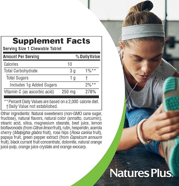 Natures Plus Orange Juice Chewable Vitamin C - 250 mg, 90 Vegetarian Tablets - High Potency Immune Support Supplement, Antioxidant - Gentle On Stomach - Gluten-Free - 90 Servings