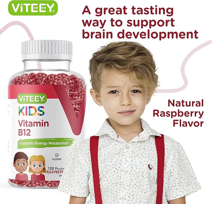Vitamin B12 for Kids Gummies, 1000mcg - Metabolism, Natural Energy Support - Vegan, Gelatin Free, Gluten Free, GMO Free - Tasty Chewable B12 Raspberry Flavored Gummy