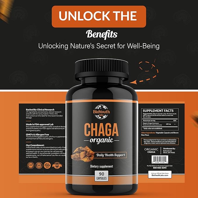 Chaga Capsules Organic Supplement | Supports Immune Health & Vitality | Daily Immune Support | Organic Chaga Mushroom Extract | 90 Capsules (1 Month Supply)