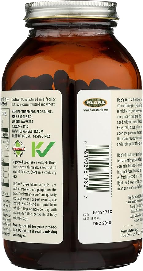 Flora - Udo's Choice, Omega 369 Oil Blend, Vegetarian Capsules, 180 Count,61582
